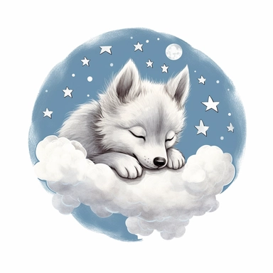 Cute wolf illustration, realistic adorable wolf sleeping on a soft moon surrounded by stars, sleepy happy clipart, nursery style clipart, Nursery Animals Art, Kids Wall Art, Kids Room Decor, Baby Room Decor, isolated on white, ultra - detailed, high quality, ghibli style, award winning