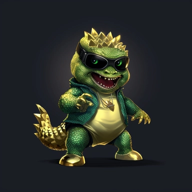 baby Godzilla, looks like Michael Jackson, doing dance steps, wearing a miami heat basketball jersey, wearing a gold pendant with a gold bitcoin on it, wearing hip hop style black satin pants and a green iridescent silk shirt, techno lighting, clipart on plain background