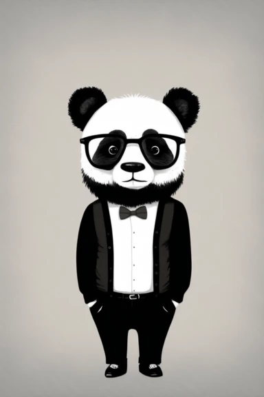 minimalistic pixar style clipart, minimalistic nordic style clipart, anthro hipster panda with mustache, minimalistic black and white color palette,