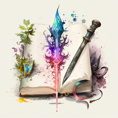 watercolour clipart artyle elemental tome spell book fantasy magic and radiating energy next to an enchanted fantasy dagger
