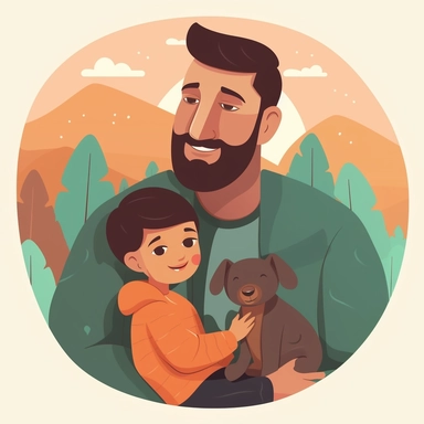 Create a heartfelt Father's Day clipart showcasing a dad hugging his child. The scene should depict a warm, loving moment where they are both smiling, symbolizing their strong bond. The dad can be kneeling or sitting to be at the child's height. Try to incorporate soft, soothing colors to emphasize the loving nature of the scene. Additionally, include a decorative banner at the bottom of the clipart with the phrase 'Dad's Hug, Best Hug'. Please ensure the illustration is clear and high-resolutio