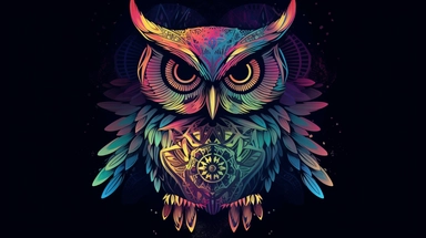 Animated gradients morphing into a vector clipart of an owl, with intricate patterns and decorative elements inspired by various cultures and art styles, combining traditional motifs with a modern twist, Ethnic Art Fusion, using a combination of geometric shapes, intricate linework, and vibrant colors to create a visually rich and culturally diverse owl design,