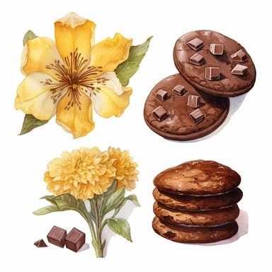 4 watercolor cliparts of neoclassical chocolate cookies with flowers integrated on it, yaka art, Hyperrealistic still life, aurorapunk, 1990s, appropriation artist, hellenistic art