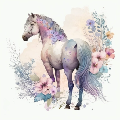 A horse clipart design for girls with a soft and girly color palette of pastel colors like pink, purple and blue to create a dreamy atmosphere. The horse itself is majestic and has a long flowing tail and mane that move in the wind. Flowers and butterflies surround the horse and give the design a romantic touch