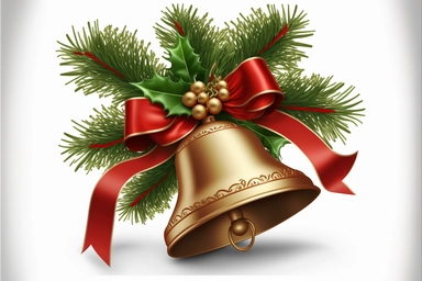 clip-art style Christmas bell with greenery and a ribbon