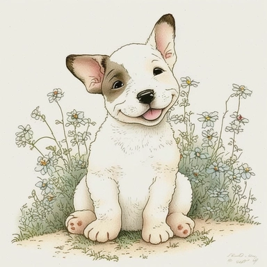 Cute - french style a smiling puppy clipart, smiling puppy, happy facial expression, on all fours, 1960, in the style of realistic watercolors, childlike innocence and charm, adorable eyes, rosy cheeks, shy posture, feminine sensibilities, realistic drawing in storybook illustration, pencil drawing by Angela Barrett, Elsa Beskow 300 DPI, valentines day themed, white background