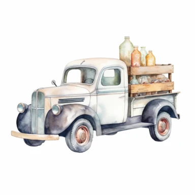 watercolor old pickup truck with milk bottles in back clipart white background