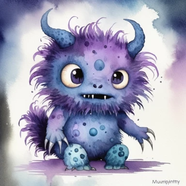 Watercolour cute monster creature clipart, rodney matthews style, no splash, black inky blue purple violet, single sheet, 4k