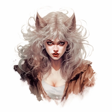 beautiful stunning pretty vintage werewolf female character, paint art style, clipart, white background, superrealistic, one of a kind