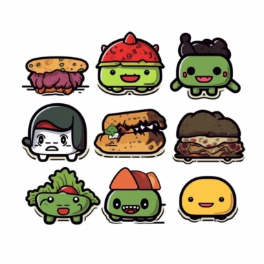 a set of black line clipart inspired by sushi and zombies and muppets and Care Bears and Funko Pop toys