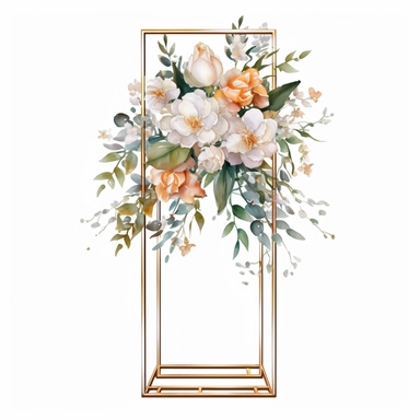 watercolour beautiful realistic white real floral wedding flower spray on gold rectangle tall frame stand realistic elegant wedding floral display stand with white glitter wedding flowers ,clip art graphics , PNG image,transparent background ,ultra highly detailed, 18k, sharp focus, bright photo with vibrant colours, digitally enhanced,photographic, enhanced graphics, png format, straight, sharp focus, bright lighting, intricate detailed png image ,high definition,300dpi,graphic clipart,computer