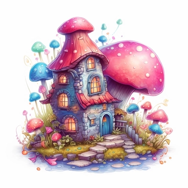 create an illustration featuring magical light pink mushroom house clipart, small flowers, vibrant colors, rainbow colors, magical, whimsical, fairytale, against a white background, harlequin cyberpunk detailed