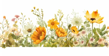 Pressed boho cottagecore floral clipart Peony, ranunculus, sunflower and verbena floral border wildflowers with green foliages floral nature garden border, clipart with white background