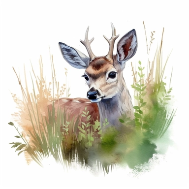an adorable Deer behind grass in the style of watercolour clipart with detailed brush strokes