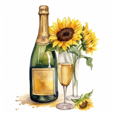 watercolor sunflower champagne bottle, Etsy, textured, clipart, white background