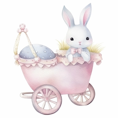 watercolor clipart, adorable knitted kawaii royal baby bunny on royal buggy, baby nursery, 8k, hd, isolated on a white background