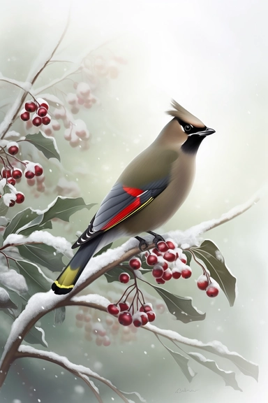 A stunning rendition of red white and green, cedar waxwing on a holly tree branch in the snow, red berries, intricate details, hyperrealistic, whimsical, octane render, very colorful, vibrant, cinematic, ornate, watercolor style clipart