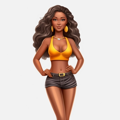 Create a realistic clip art of an African American woman in her mid-twenties with long wavy brown hair, dressed in a two-piece bikini with a bright-colored top and a complementing shade for the bottom. She should be wearing high heels that add height to her curvy figure and have hips that are prominently displayed with a gentle curve to them. Her skin tone should be medium to dark and have a confident and attractive demeanor.