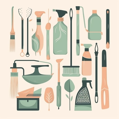 /beautiful simple retro realistic home cleaning tools vector cliparts. The colors are fresh and pastel. The style is from mid century to the 1970s.