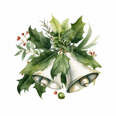 Christmas Bells Clipart, lateral view, clipart, transparent background, clear background, green leaves, high resolution, watercolor, vector, 12k, 300 dpi, 12: 12 ratio