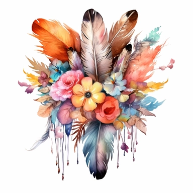 Create a mesmerizing composition of boho flowers and delicate feathers in a watercolor style. The vibrant colors and intricate details of the floral clipart bouquets and feathers come together to form a captivating artwork. Let the bohemian spirit of nature and freedom inspire this enchanting design.