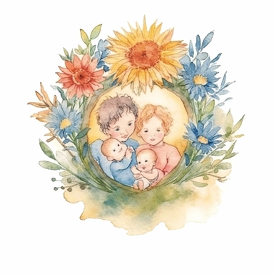 Create a heartwarming hand-drawn watercolor clip art image of a family gift niche adorned with birth flowers representing a family of four. Customize the image by selecting birth flowers for each family member: a January baby (Carnation), an April baby (Daisy), a September baby (Aster), and a November baby (Chrysanthemum). Add a personalized touch by including the family's names or initials within the niche, making it a cherished memento for generations to come.inspired by wildflower meadows