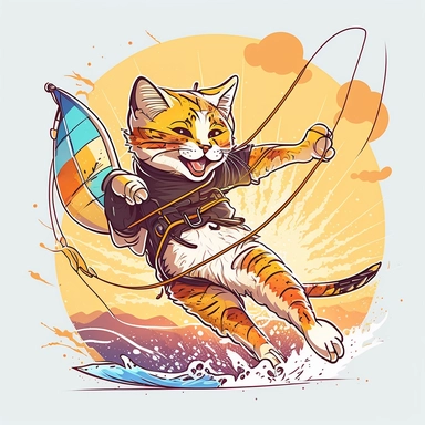 clipart, smiling cat is kitesurfing and wearing kitesurfing clothes, full body, splash, sunburst graphic, Tshirt designvector, blank background –-upbeta –- q2
