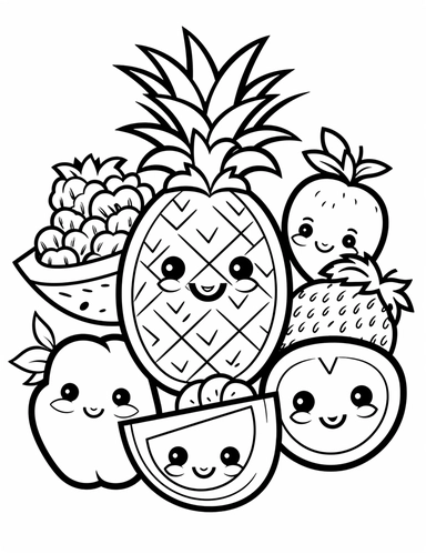 Fruit Fiesta: A collection of kawaii fruits, including a smiling watermelon, a happy strawberry, and a cheerful pineapple. For Simple Coloring page,line art, thick lines, black and white,clipart, illustration, on white background