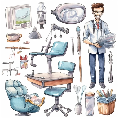 man dentist dental accessories, dentist drills teeth, dental accessories dental chair dental lamp Cute kawaii watercolor white background clipart set single elements with margin