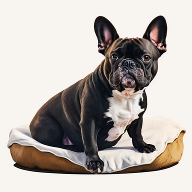 french bulldog, on a dog bed, tempera clipart illustration, dark vibrant colour, vivid, clean, crisp, smooth, white background