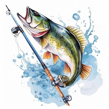 Cute Beautìul fishing rod And Bass Fish Watercolor Sublimation Clipart,Cartoon,hyper realistic, intricate detail, illustration style,high solution,on the white background
