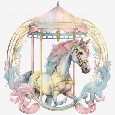 pastel pink, blue, yellow carousel horse within a frame watercolor clipart