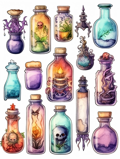 Design a whimsical collection of watercolor clipart stickers featuring dark fairytale potions. Let your imagination run wild as you create bottles filled with bewitching concoctions and spellbinding ingredients. Use a blend of vibrant and muted colors to capture the essence of these magical elixirs. These stickers will bring a touch of enchantment to any surface, perfect for adorning cards, gift wrapping, or adding flair to digital designs.