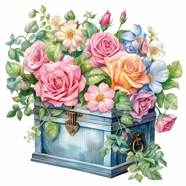 Empty open old blue/green pattern chest full of breathtaking english roses in pastel combo, clip art with white background,by ann buccarelli ,watercolor, white all around the chest, background ,watercolour, insanely detailed, on white background, amazing colour combo, with detailed watercolor blooms of spring garden flowers white/ pink/ green, bec winnel, intricately textured, close up, walter Langley, lucy grossmith, heavy impasto technique, detailed shading, atmospheric watercolours, on white 