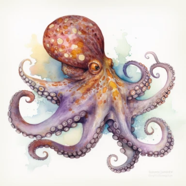 octopus, watercolor, clipart, centered, isolated on white background, Susan Harrison no wards , no caption