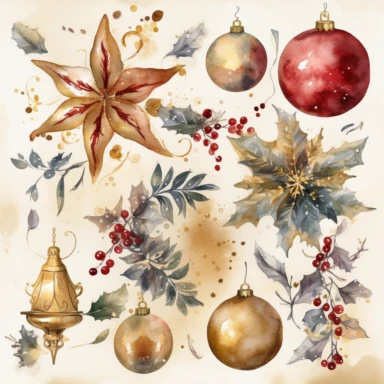 Design a collection of watercolor clipart images featuring elegant Christmas motifs such as snowflakes, stars, and ornaments. The images should have a sophisticated, upscale feel with clear lines and rich, luxurious hues. The clipart should be suitable for use in upscale holiday party invitations and other similar projects