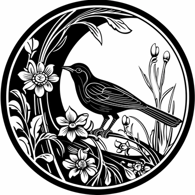 Left aligned, bottom aligned, quarter of a circle, art nouveau style, black lines, detailed, flat design, flat flowers and bird, white background, clipart style, black and white,
