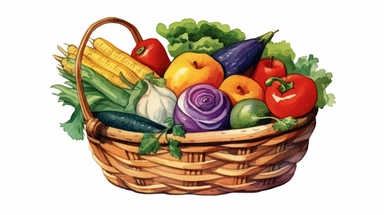 photorealistic clipart, watercolor illustration of a basket containing different fruits and vegetables, detailed, bold colors, thick outlines, isolated objects, white background, in the style of colorful cartoon, 8k