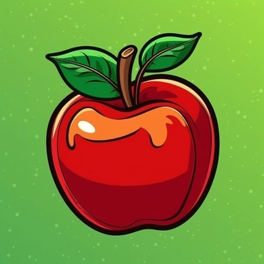 Create a clipart of a red apple with a green leaf attached at the top, placed on a plain, high contrasted background in a cartoon style. The apple should appear shiny and fresh with a crisp outline and bold colors, making it easy to recognize and suitable for use in various clipart projects.
