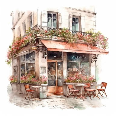 watercolor Spring Coffee shop clipart, romantic french cafe illustration, A sharp photograph of an expensive, on white background