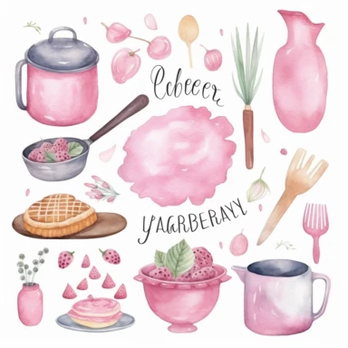 Acuarela casera panadería logo clipart Diseño de logotipo de panadería dibujado a mano DIY Cocina culinaria digital clip art Utensilios de cocina pastel rosa