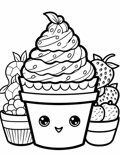 Kawaii Cake Icecream with delightful designs and flavors, like blueberry, chocolate chip, and banana For Simple Coloring page,line art, thick lines, black and white,clipart, illustration, on white background,margin Page 10px