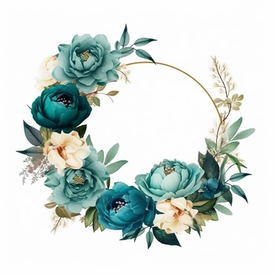 minimalistic and tastful teal peonies clipart floral wreath with big clean center for copy space, on solid white, i can't belive how beautiful this is