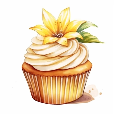 Design a clipart image of an banana cupcake in a watercolor style, with banana decoration and a topping. You can also add some colorful candy or chocolate chips to make it more attractive. You can add white flowers and green leaves to the design.