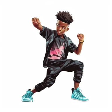 Cool cute black kid dancer, cool dancing clothes, male black boy, watercolor style, clipart solid white background