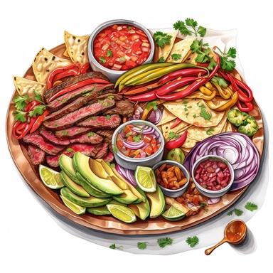 watercolor, hyper realistic, white background, white margins, 16k, ultra detailed clipart, cut out image, hand-drawn, whimsical A sizzling platter of fajitas, with strips of grilled steak, onions, and peppers, served with warm tortillas, sour cream, and guacamole. Bold shades of red, green, and brown capture the spicy and savory flavors.