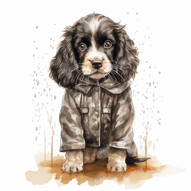 cute watercolor black and white spaniel puppy illustration, clipart, high detail wearing a fluffy raincoat with rain and puddles. high detail hd 8k, watercolor background,