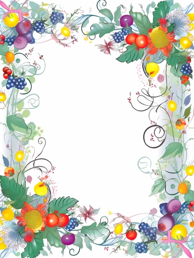 narrow vignette along the sides and the corners of the picture, little cute wild bright floral clipart faces and flowers and berries vignette, soff pastel blank center of the picture,