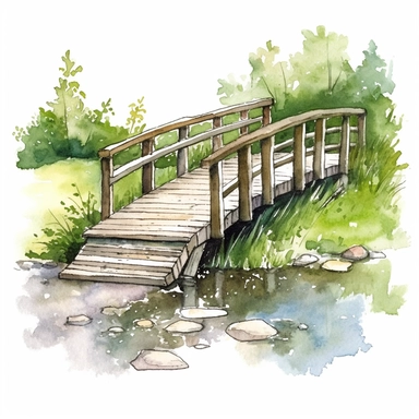 watercolour, wooden bridge over creek, summer, detailed, clipart white background