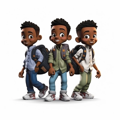 3D toy young 3 happy black boys wearing a backpack with a school uniform outfit in the style of boondocks in the style of marvel comics cartoon with white background can't believe how beautiful this is clipart, graphic vector, isolated on white background